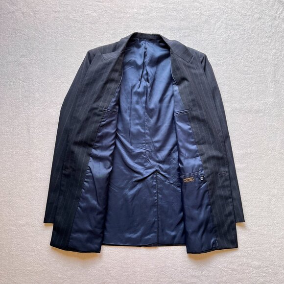 Vintage 80s Men's Double Breasted Navy Pinstriped Wool Blend Jacket Blazer 42L - Picture 5 of 7
